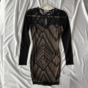 Entry Sheer Mesh Geometric Bodycon Dress in Black & Taupe